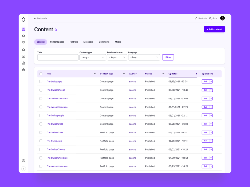 Drupal – Gin UI Facelift (Purple Accent) admin admin ui administration app cms content editor content list content management design drupal drupal admin ui filter filters future ui gin future ui interface overview purple table ui