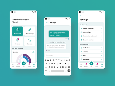 Insurance App – Home screen, Messaging, Settings