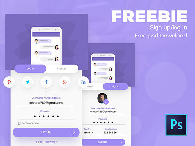 sign up/log in screen freebie admin panel android app design free download free file freebie icon illustration ios landing page log in logo mobile mobile app product sign in sign up ui ux vector