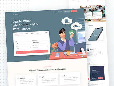 Assurance insurance app landing page admin panel animation branding colorful creative design dashboard icon illustration insurance bank finance ios android landing page minimal mobile app product typography ui ux flat vector web design website