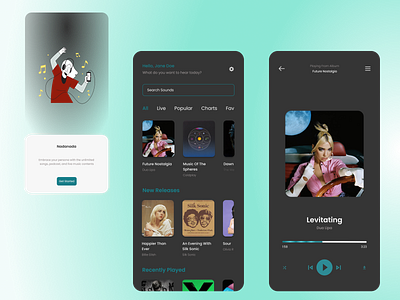 Nadanada - Music Platform User Interface dark darkmode design dualipa graphic graphic design lagu mp3 music musicplayer musik player song songs sounds spotify ui uiux userinterface ux