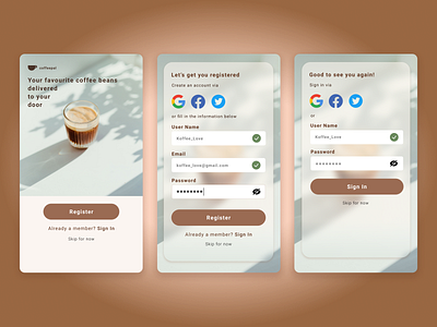 Coffee Shop App UI Design app app design coffee design figma food homescreen log in register registration page sign in sign up ui ui concept