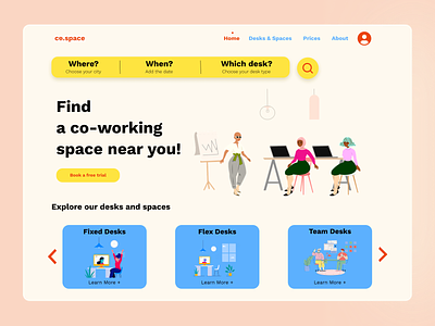 Co-working space search, UI, Landing Page booking system clean design co working space daily design dailyux figma homepage landing page product design ui ux web design