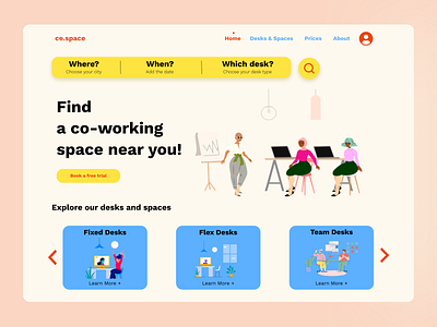 Co-working space search, UI, Landing Page