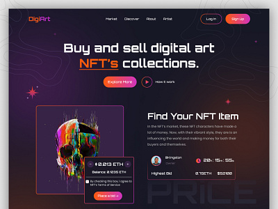 DigiArt - NFT Marketplace Website art bitcoin buy cpdesign creativepeoples crypto cryptoart ethereum landing page nft nft art nft marketplace nfts purchase rarible sell trending virtual coin web web design
