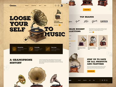 Vintage Gramophone Shop Landing Page 80s album cover art classics cpdesign creativepeoples design gramophone landing page melody music music player music website retro texture trending vintage web web design