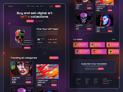 DigiArt - NFT Marketplace Website branding buy cpdesign creativepeoples crypto art cryptocurrency ethereum illustrations landing page nft nft art nft marketplace nfts purchase rarible sell token trending typography web design