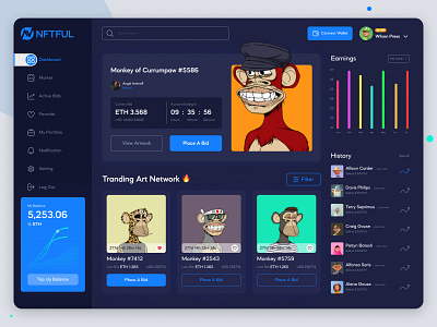 NFT Marketplace Dashboard art buy cpdesign creativepeoples crypto art dark dashboard design ethreum landing page neon nft art nft dashboard nft web app purchase sell token trending web app web app nft web design