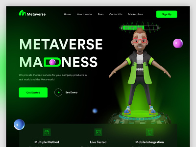 Metaverse - Landing Page Hero Explorations 3d illustration ar augmented colorful cpdesign creativepeoples crypto art dark landing page meta meta world metaverse metaverse landing page nft trending virtual reality virtual web vr web design web ui