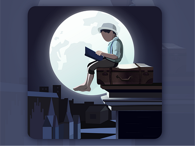 A boy reading under the moon illustration 插图