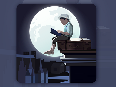 A boy reading under the moon