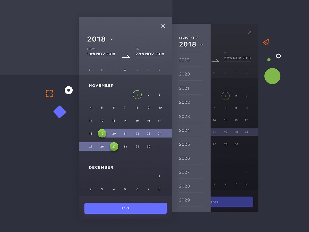 Date range picker with an option to select the year. by RajivB. on Dribbble