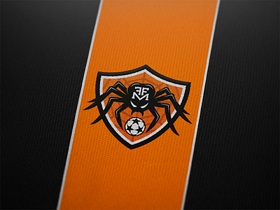 Logo for Football Friends Monteroni (FFM). black football logo orange patch shield soccer spider team