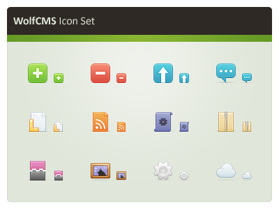 Wolf CMS Icon Set archive arrow cloud cms comment icons image minus open source php plugin plus rss ruler settings sublink