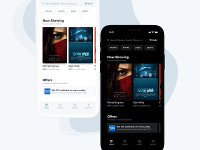 Show Booking App booking dark dark theme event icons light minimal movie show sports ui ux