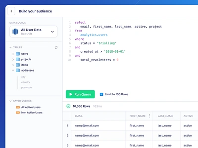 Build your audience with an SQL query app b2b data data source database editor product query saas sql table ui ux web