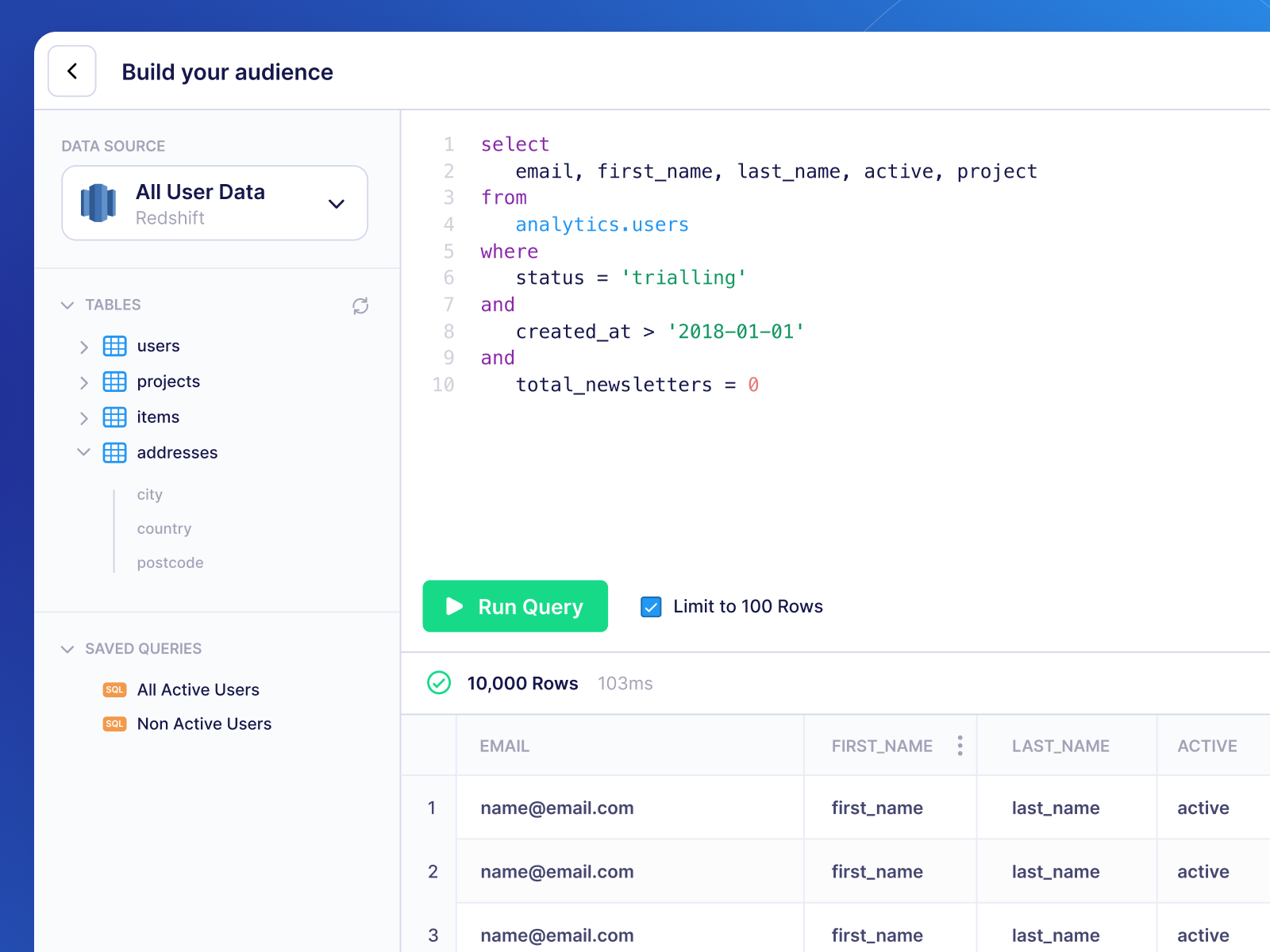 Build your audience with an SQL query by Rory Colsell for Vero on Dribbble