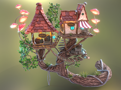 Fairy tree house 3d fairy fantasy fantasy shop forest game asset game ready lowpoly subdivision tree house v ray