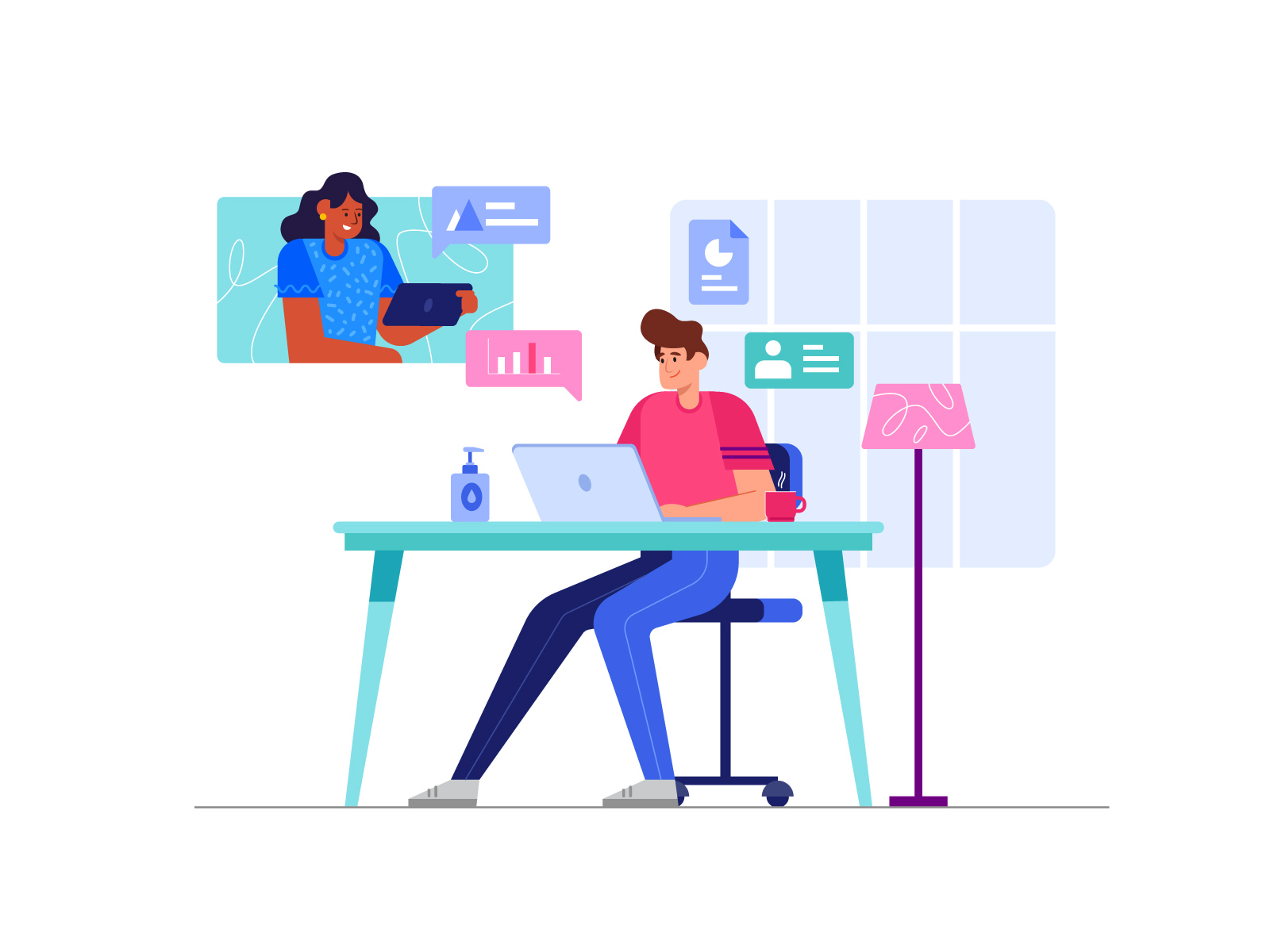 Effective Work From Home - Illustration communication community concept feedback flat illustration man with laptop meetings stayhome talking vector video call website woman work work from home working space