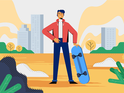 Man with skateboard Illustration buildings cool design expression flat illustration line work lineart man nature red skateboard sky textures trees vector yellow