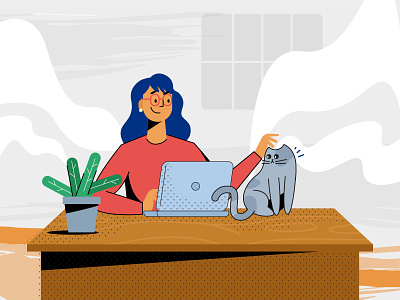 Working from home with kitty cat love character design concept cute animals design desk expression flat girl illustration home illustration kitten lady specs vector women working workfromhome working on laptop
