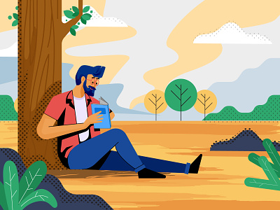 Guy reading a book Illustration alone bearded man character design clouds cool guy design enjoying flat guy illustration in garden nature peace reader reading app reading book specs study vector yellow