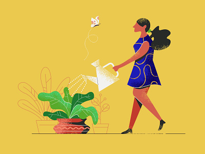 Girl taking care of plants v2 citizen watering plant doing design butterfly flat plant job icon human illustrator leaves garden person lifestyle vase hobby natural plants care people leaf nature taking care grow illustrations watering can greenhouse young person taking