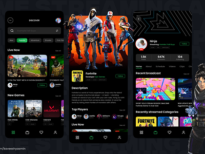 Game Streaming App Dark Theme app app ui ux creative ui design mobile app mobile ui ux ui ui design ux ux design web design