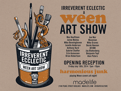 Ween Art Show art show handbill illustration irreverent ecclectic jupiter visual octopus paint can paintbrush pencils ween