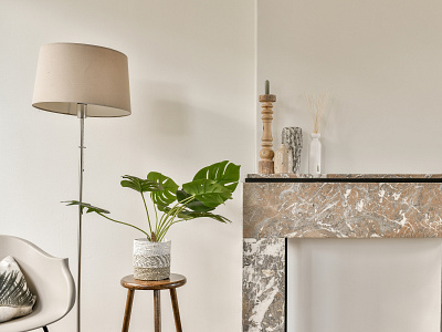 Flower pot and lighting candle over white wall minimalism