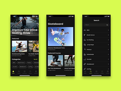 Skateboard Learning App app design free style mobile rollerblade skateboard sport ui ux