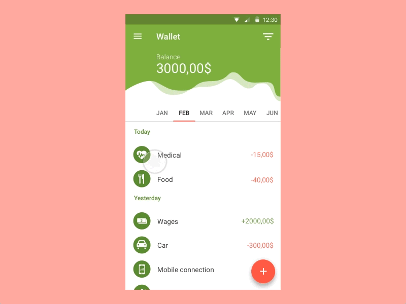 Wallet App Concept android app cash expenditure finance income manager material shopping wallet
