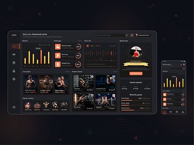 Fitness Dashboard app dark theme dashboard design exercise fitness gym home screen mobile app online online gym ui ui design website workout