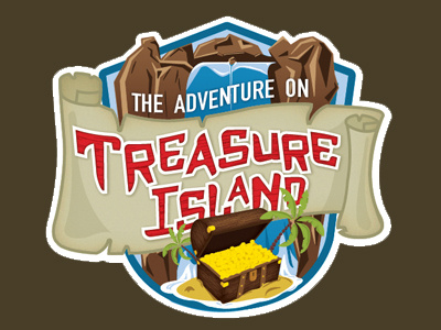 Treasure Island Logo chest illustration logo mountains scroll shield typography water