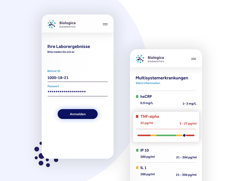 Biologica Diagnostics Lab Results app application bar chart clean app data visualization diagnosis health app health care laboratory login page medical app medical care report results ui user interface ux web web design website