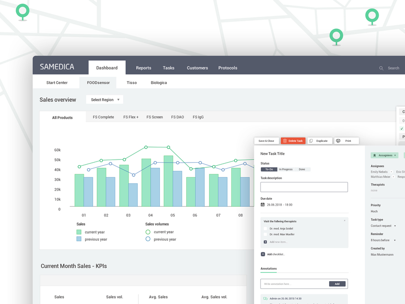 CRM dashboard app application bar chart crm dashboard data visualization line chart medicine modal window report reporting sales dashboard tabs task user experience user interface vue.js web widgets