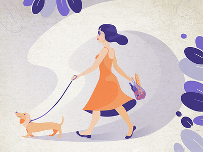 Girl With The Dog Textures baguette design dog dress girl illustration illustrator leafs sunglasses vine walk