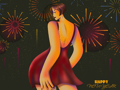 Happy New Year ! celebration fireworks flat girl happy new year holidays illustration new year red dress