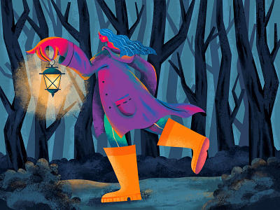 In the forest colourful flashlight flat forest girl illustration twilight vector wood