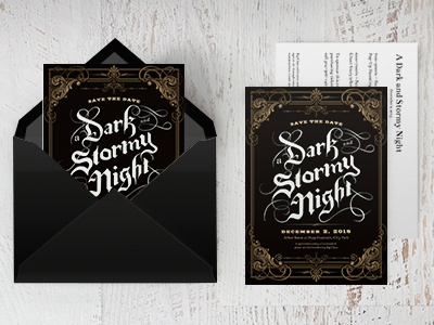 A Dark and Stormy Night, save the date blackletter calligraphy dark and stormy filigree gothic hand lettering invitation invite print save the date typography victorian