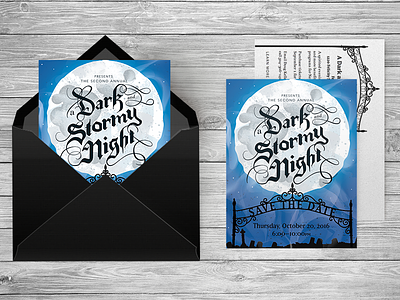 A Dark & Stormy Night 2016: Save the Date blackletter calligraphy dark and stormy night flier gothic halloween illustration invitation lettering print save the date spooky