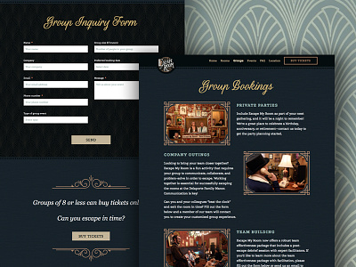 Escape My Room - Group Bookings page art deco escape my room escape room form new orleans ornate photography ui ux victorian vintage web design