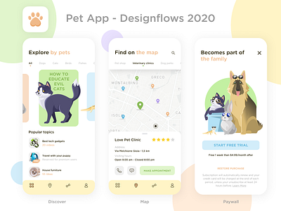 Pet App_Designflows 2020 android animals app app icon bunny cat character design designflows discover dog draw illustration ios map paw paywall pet pets ui