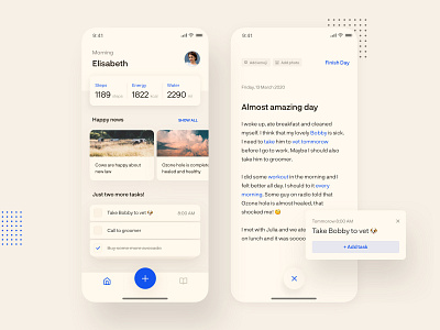 Natural Diary and Assistant App 📓 app dashboad design diary happy news news news feed notification reminder tasks typogaphy ui ux