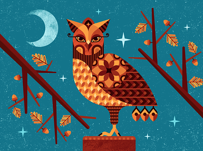 Owl 2d abstract adobe illustrator animal autumn cosy design fall geometric graphic design illustration leaves moon nature night owl pattern texture tree vector
