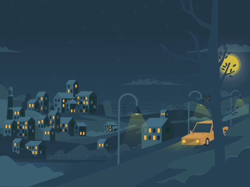 Night in the vilage 2d animation car city gif ilustration light moon nature night owl vilage
