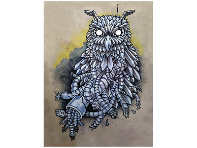 Traditional 1 animal drawing illustration mixed media owl pen ink pen and ink robot robotic sketchbook