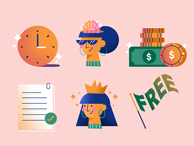 Freelancer Profile Icons brain document documents free freedom illustration money people queen shine skills sunglasses time