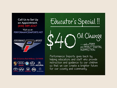 Performance Imports - Educator's Special Ad branding design graphic design logo ty typography vector