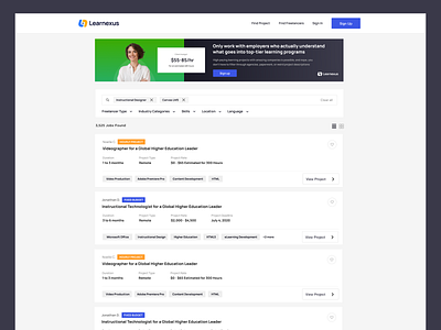 Learnexus - FInd Projects banner elearning employer figma freelancer freelancers interface job landing project search search engine search results ui uidesign uiux ux